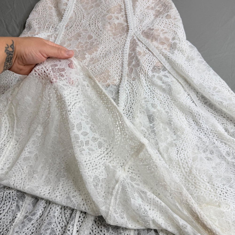 Selfie Leslie White Lace Maxi Dress Nude Lining Sleeveless Wedding Guest Large - Picture 8 of 16